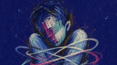 A solitary figure with raised shoulders wrapped in glowing message threads that tighten around a drawn boundary line