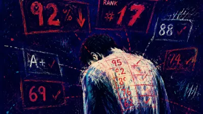 A solitary figure under floating scoreboards, red numbers pressing a grid into the shoulders and upper back