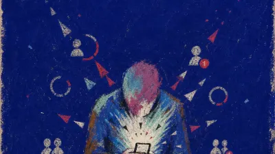 A solitary figure with shoulders drawn over a glowing phone, tagged silhouettes pressing inward from three sides