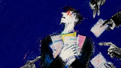 A solitary figure on uneven flooring as raised hands and marked-up papers press toward their chest in deep indigo space