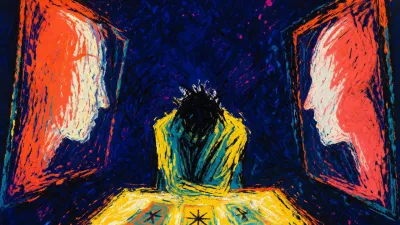 A solitary figure leans over a glowing table as profile frames close around the shoulders and silhouettes wait behind glass.