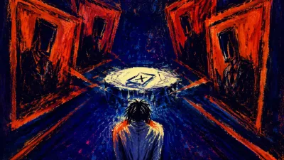 Solitary figure angled back beneath converging frames, with shadows pressing the shoulders and pathways leading to one table