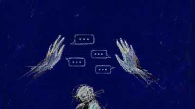 A solitary figure hunched over a dim phone, hands paused above delayed message bubbles pressing inward through dark space