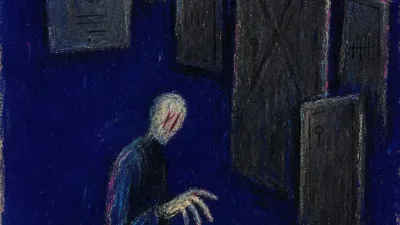 A solitary figure with one hand over a glowing keyboard, sealed doors and inbox windows narrowing into deep indigo space