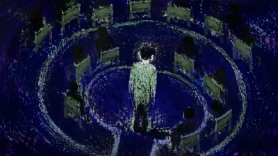 A solitary figure stands at an opening in concentric chair circles as patterned paths narrow around the torso.