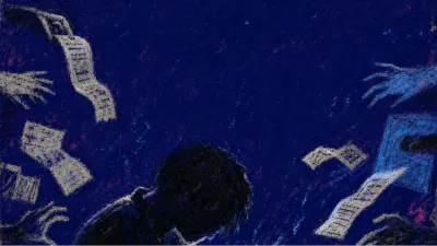 A hunched figure holds a glowing phone as receipts, bills, and waiting hands press inward from every side