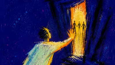 A solitary figure with braced shoulders reaches one palm toward silhouettes as indigo frames narrow around an amber doorway.