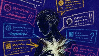 A solitary figure surrounded by floating screens and pointed threads pressing inward, pale marks tightening across the chest