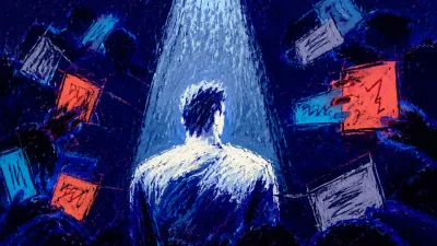 The Spotlight Keeps Narrowing A solitary figure stands with squared shoulders under a narrowing spotlight as audience silhouettes fill the indigo frame.