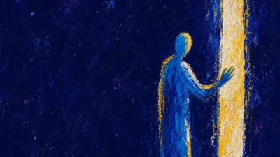 A solitary figure paused outside a lit doorway as thin message-like lines pull the room inward beyond reach