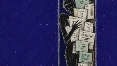 A solitary figure pressed into a narrow doorway as stacked messages, forms, and calendar blocks push inward from all sides