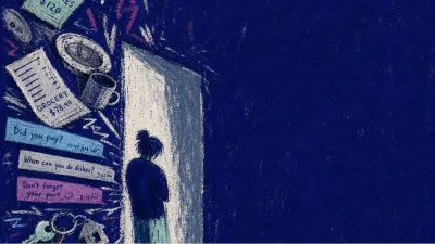 A solitary figure with drawn-in shoulders surrounded by floating bills, dishes, keys, and message bubbles pressing inward
