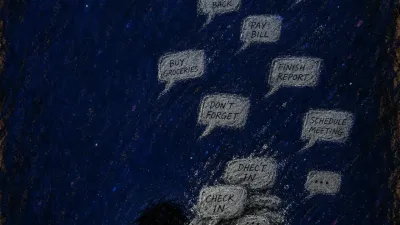 Tasks landing on one person A hunched figure over a glowing phone as message bubbles drift outward and loose tasks pile onto their shoulders