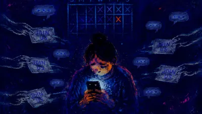 A solitary figure holding a dim phone, chat bubbles pulling calendar squares away from outstretched hands in indigo space
