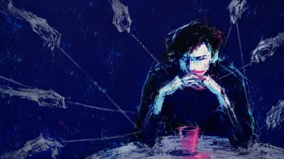 A seated figure at a table, hands and mouth boxed in by pale inward lines as silent shapes press from every seat
