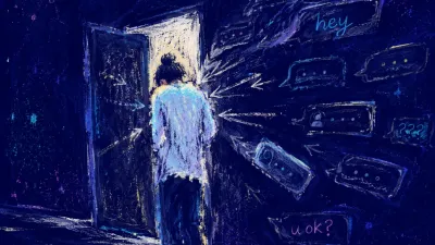 A solitary figure paused at a doorway as message bubbles and arrow-like lines press around lifted shoulders