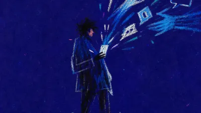 A solitary figure behind a taped calendar boundary as message-like hands peel back the edge of protected space