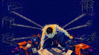 A crouched figure among half-open boxes, measuring tapes and delivery slips pulling limbs toward unfinished furniture shapes