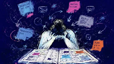 A solitary figure bent over an open calendar as shifting blocks, messages, and deadlines circle close to tightened shoulders