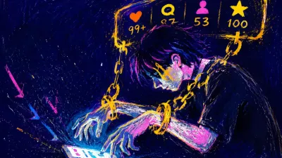 A solitary figure hunched over a glowing screen, badge hooks tightening around wrists as gold counters pull inward