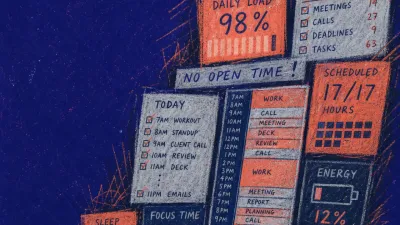 A solitary figure with lowered shoulders over a planner as calendar panels and coral metric bars close around the torso.