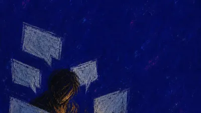 Signals Appear, Then Withdraw A solitary figure leans over a phone in one palm as amber alerts fade and dim message panels press inward around the torso.