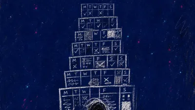 A solitary figure with lowered shoulders as calendar blocks settle above, stacked checklists crowding their back and arms.
