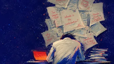 A figure leaning over a desk, shoulders beneath stacked pages as red margin notes crowd a narrowing indigo workspace.