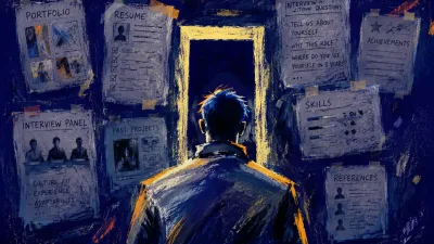 Proof Settling Around Raised Shoulders A figure with raised shoulders before a doorway, interview panels encroaching from every side, credentials filling the frame