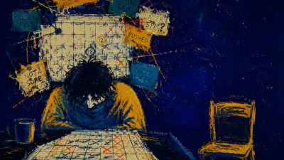 A figure leans over a crowded calendar while reminder panels descend above lowered shoulders, with an empty chair opposite.
