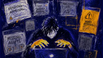 A solitary figure with lowered shoulders and hands above a laptop as shifting page frames encroach from every side.