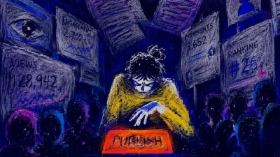 A solitary figure with shoulders drawn inward, one hand above a glowing button, as paper panels and silhouettes encroach.
