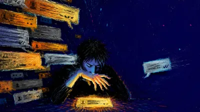 A solitary figure with one hand above a glowing message as amber text panels encroach and a small silver reply drifts away.