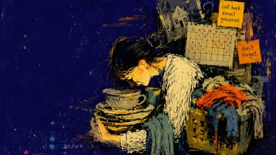 A figure with lowered shoulders and full arms as dishes, laundry, calendars, and notes stack in a descending indigo room