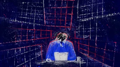 A seated figure with shoulders drawn inward as red review grids press in, narrowing the indigo workspace around their torso.