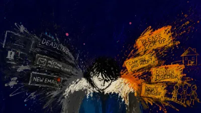 A solitary figure with shoulders pressed down as work and care notices crowd the air, iron grey and amber against indigo.
