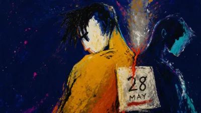 Solitary figure with shoulders drawn inward beside a marked calendar, divided space, and crossed lines holding both sides of.