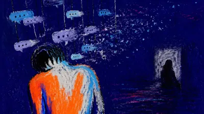 A solitary figure with raised shoulders under suspended message lines that dissolve before a distant, turned-away silhouette