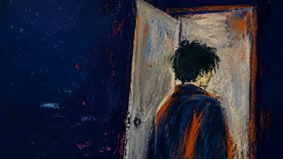 A solitary figure half-turned in a doorway, shoulders framed by an open room and a cool corridor pressing inward.
