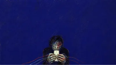 A solitary figure with tight shoulders over a glowing phone, cord-like messages pressing into the palms in deep indigo space