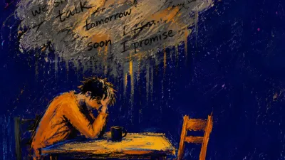 A solitary figure with lowered shoulders beneath settling space, an empty chair turned away, and loose pages suspended over