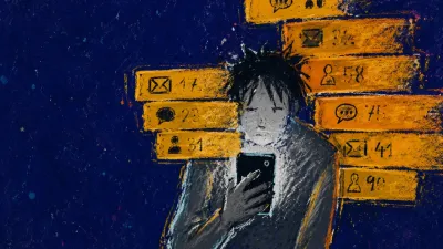 A solitary figure holds a phone at arm's length as stacked amber message tallies close around the shoulders in indigo space.