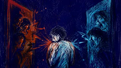 Both Sides Press In A solitary figure between two doorways, shoulders turned as speech ribbons fill the air from both sides, space held in pause.