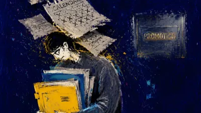 A figure with lowered shoulders under calendar pages, arms full of folders, facing a gold placard behind glass