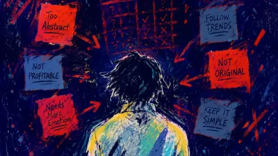 A solitary figure with shoulders angled toward competing notes, red annotations settling inward through cool blue space.