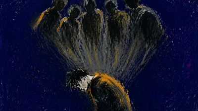 The Role Settles From Above A solitary figure with bent shoulders and back beneath family silhouettes, cool weight settling from above in indigo space
