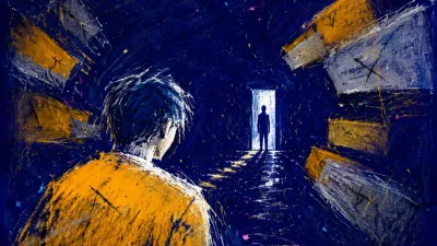 A figure with shoulders angled toward a distant silhouette, shifting boundaries encroaching across a suspended doorway.