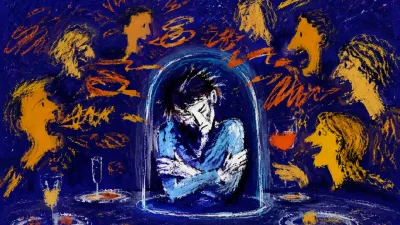 A solitary figure with crossed arms at a dinner table as overlapping speech bubbles encroach past a boundary line