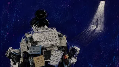 A figure with lowered shoulders and occupied arms beneath stacked calendars and pages as a spotlight falls elsewhere.
