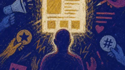 A solitary figure facing a glowing screen as many hands arrange tools, badges, and polished symbols around the body